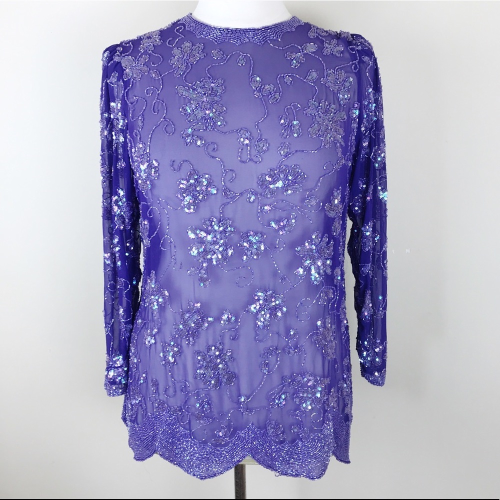 Jack Bryan Purple Beaded Silk Long Sleeve Blouse